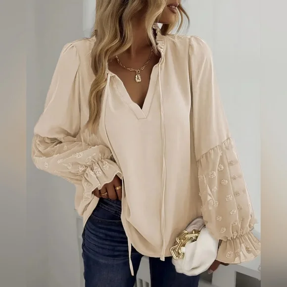 New Boho Flowy Peasant Tie Neck Swiss Dot Blouse Top Cream Beige Ivory - Picture 5 of 7